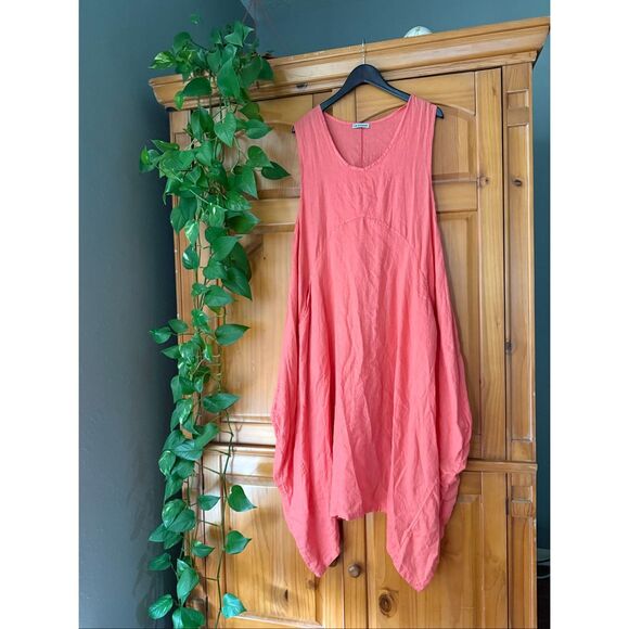 LIN BOHÈME Coral Linen Tunic Dress • Oversized Asymmetrical Hem • One Size - Picture 1 of 10